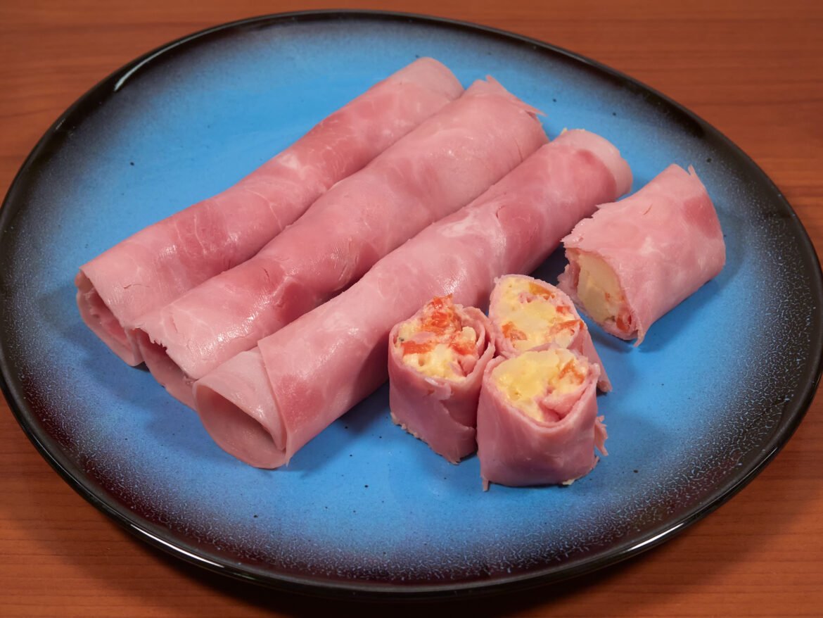 Ham, potato, and pickled bell pepper rolls